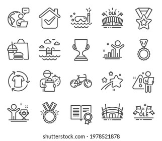 Sports icons set. Included icon as Bicycle, Arena stadium, Scuba diving signs. Award cup, Medal, Honor symbols. Change clothes, Sports arena, Winner ribbon. Winner cup, Diploma, Ole chant. Vector