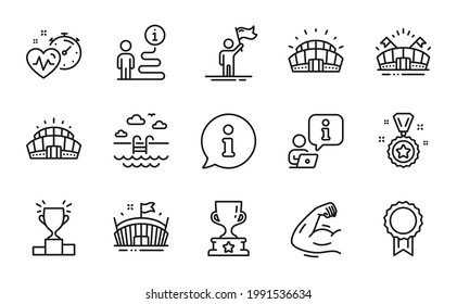 Sports icons set. Included icon as Strong arm, Arena, Sports stadium signs. Reward, Swimming pool, Cardio training symbols. Arena stadium, Leadership, Winner reward. Winner cup line icons. Vector