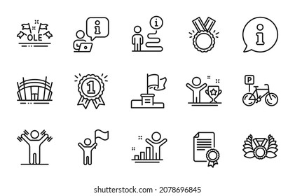 Sports icons set. Included icon as Honor, Winner cup, Dumbbells workout signs. Arena stadium, Leadership, Ole chant symbols. Certificate, Winner, Laureate medal. Bicycle parking, Reward. Vector