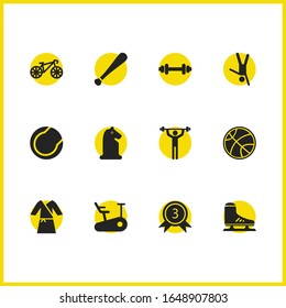 Sports icons set with kimono, bike trail and weightlifter elements. Set of sports icons and strongman concept. Editable vector elements for logo app UI design.