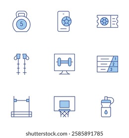 Sports icons set. Line Duotone style, editable stroke. gym, kettlebell, smartphone, high jump, hiking, hoop, running track, soccer, water.