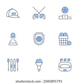 Sports icons set. Line Duotone style, editable stroke. pawn, position, skis, stadium, cap, soccer, basket, fencing, torch.