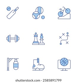 Sports icons set. Line Duotone style, editable stroke. chess, gym, ice skate, petanque, cricket, mountain bike, punching bag, strategy, tv.
