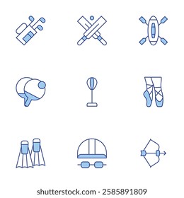 Sports icons set. Line Duotone style, editable stroke. archery, kayak, ballerina, cricket, flippers, golf bag, ping pong, punching ball, swimming cap.