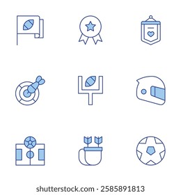 Sports icons set. Line Duotone style, editable stroke. american football, banner, football, football ball, darts, quiver, helmet, goal post, medal.