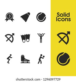 Sports icons set with medal three, two dumbbells and volleyball player elements. Set of sports icons and reward concept. Editable vector elements for logo app UI design.