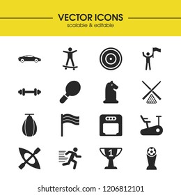 Sports icons set with punching bag, boxing helmet and kayak elements. Set of sports icons and pennant concept. Editable vector elements for logo app UI design.