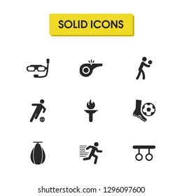 Sports icons set with punching bag, volleyball player and soccer player elements. Set of sports icons and referee concept. Editable vector elements for logo app UI design.