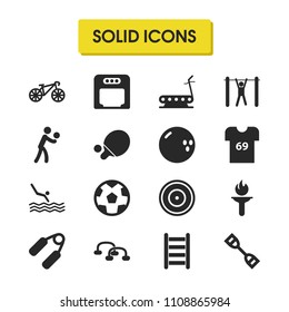 Sports icons set with push-ups, stairs and boxing helmet elements. Set of sports icons and ladder concept. Editable vector elements for logo app UI design.