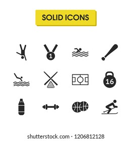 Sports icons set with skier, snooker and jumps into the water elements. Set of sports icons and baseball stick concept. Editable vector elements for logo app UI design.