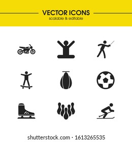 Sports icons set with soccer ball, meditation and skier elements. Set of sports icons and boxing concept. Editable vector elements for logo app UI design.