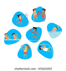 Sports icons set. Species of events. Running, swimming, gymnastics, boxing, athletics, rowing, archery. Vector pictograms for web, print and other projects. Summer games symbols.