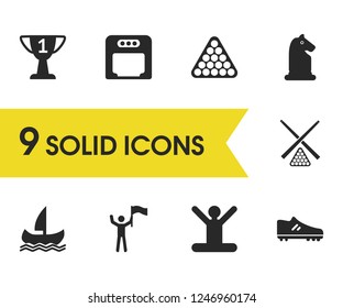 Sports icons set with start, flag-bearer and football boot elements. Set of sports icons and snooker concept. Editable vector elements for logo app UI design.