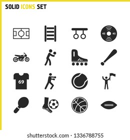 Sports icons set with tennis ball, motorbike and football field elements. Set of sports icons and proud concept. Editable vector elements for logo app UI design.