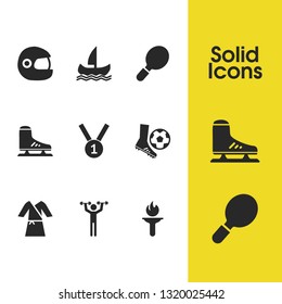 Sports icons set with tennis rocket, olympic fire and mover elements. Set of sports icons and bodybuilding concept. Editable vector elements for logo app UI design.