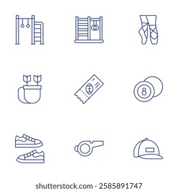 Sports icons set. Thin Line style, editable stroke. playground, quiver, shoes, sports, ticket, whistle, ballerina, billiard, cap.