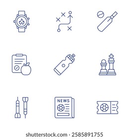 Sports icons set. Thin Line style, editable stroke. nutrition, sport bottle, darts, newspaper, soccer, cricket, smartwatch, strategy, chess.