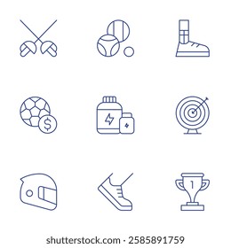 Sports icons set. Thin Line style, editable stroke. fencing, gambling, helmet, petanque, protein supplement, running shoes, sport shoes, target, trophy.