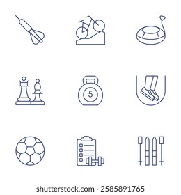 Sports icons set. Thin Line style, editable stroke. dart, mountain bike, snow tubing, soccer ball, training, skis, chess, kettlebell, skip rope.