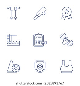 Sports icons set. Thin Line style, editable stroke. checklist, dumbbell, soccer, top, training, trampoline, trekking, cricket, medal.