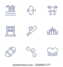 Sports icons set. Thin Line style, editable stroke. archery, baseball, broken bone, excercise, formula one, heart, pool, rings, skating.