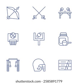 Sports icons set. Thin Line style, editable stroke. arrow, basketball, cable crossover, fencing, goal post, helmet, ping pong, protein, running track.