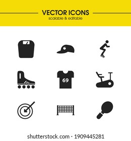 Sports icons set with t-shirt, rollerskating and weighing machine elements. Set of sports icons and ping pong concept. Editable vector elements for logo app UI design.