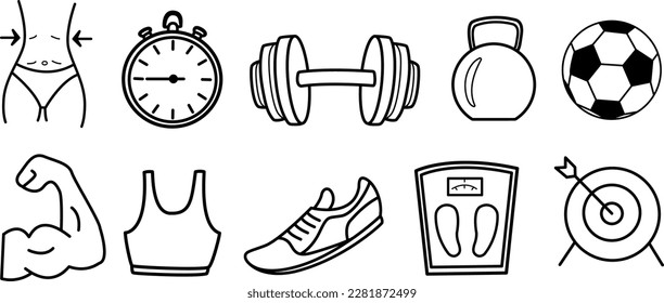 Sports Icons Set. Vector icons of the kettlebell, arm with biceps, slim waist silhouette, soccer ball, sports scales, water glass, dumbbell, stopwatch, sneakers, darts, and fitness top.