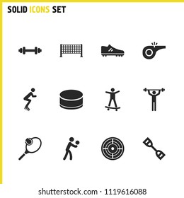Sports icons set with washer for hockey, espander, weightlifter elements. Set of sports icons and roller concept. Editable vector elements for logo app UI design.