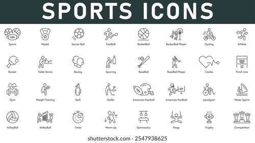 Esportes Icons ilustração vetorial com linha fina curso editável contém medalha de futebol basquete de ciclismo atleta racket mesa de tênis poupando cardio ginástica ginásio peso treinamento voleibol de golfe