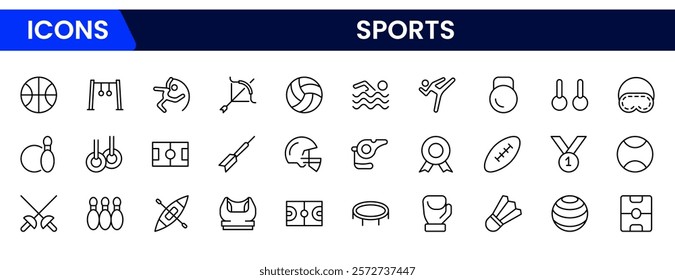 Sports Icons vector illustration with thin line contain medal, football, basketball, cycling, athlete, racket, table tennis, sparing, cardio, gym, weight training, golf, volleyball