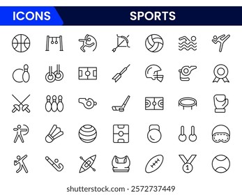 Sports Icons vector illustration with thin line contain medal, football, basketball, cycling, athlete, racket, table tennis, sparing, cardio, gym, weight training, golf, volleyball