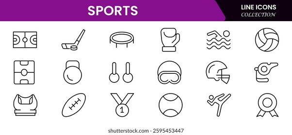 Sports Icons vector illustration with thin line contain medal, football, basketball, cycling, athlete, racket, table tennis, sparing, cardio, gym, weight training, golf, volleyball