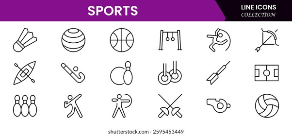 Sports Icons vector illustration with thin line contain medal, football, basketball, cycling, athlete, racket, table tennis, sparing, cardio, gym, weight training, golf, volleyball