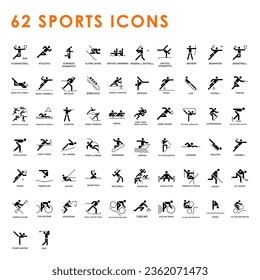 Sports icons. Vector isolated pictograms on white background with the names of sports disciplines.