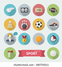 Sports icon,sign set, in flat style,with football,commentator,sport horn,bowling, basketball, volleyball ball,medal,scoreboard,whistle,badge,sneakers,ticket.Different sports equipment.Sports games
