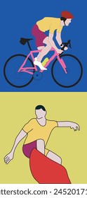 sports illustration hand draw cycling and surfing