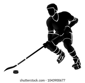 Sports illustration of an ice hockey player in silhouette 