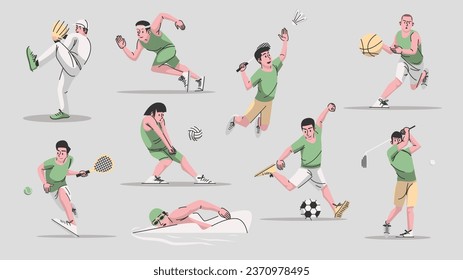 Sports illustration pack 1. in this package there is 9 athlete from different soprts. there is baseball, runninng, badminton, basketball, tennis, volleyball, swimming, soccer, and golf. 