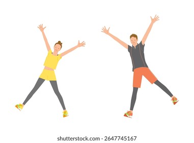 Sports image: Smiling young men and women with their legs raised high in the air set 04