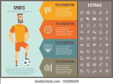 Sports infographic options template, elements and icons. Infograph includes line icon set with sport equipment, sports field, competitive games, pedestal, leisure activities, training exercise etc.