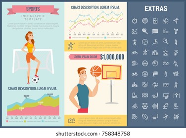 Sports infographic template, elements and icons. Infograph includes customizable graphs, charts, line icon set with sport equipment, sports field, competitive games, champion pedestal, athlete etc.
