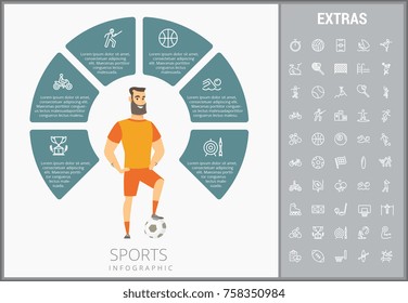 Sports infographic template, elements and icons. Infograph includes customizable circular diagram, line icon set with sport equipment, sports field, competitive games, champion pedestal, athlete etc.