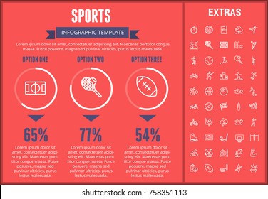 Sports infographic template, elements and icons. Infograph includes customizable graphs, three options, line icon set with sport equipment, sports field, competitive games, champion pedestal etc.