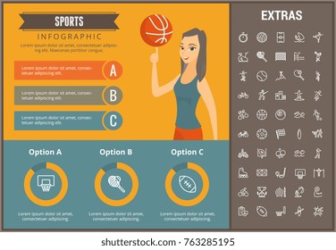 Sports infographic template, elements and icons. Infograph includes customizable graphs, charts, line icon set with sport equipment, sports field, competitive games, champion pedestal, athlete etc.