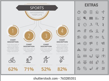 Sports infographic template, elements and icons. Infograph includes numbered customizable charts, line icon set with sport equipment, sports field, competitive games, champion pedestal, athlete etc.