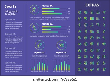 Sports infographic template, elements and icons. Infograph includes customizable graphs, four options, line icon set with sport equipment, sports field, competitive games, champion pedestal etc.