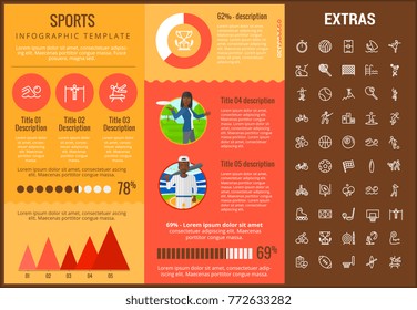 Sports infographic template, elements and icons. Infograph includes customizable graphs, charts, line icon set with sport equipment, sports field, competitive games, champion pedestal, athlete etc.