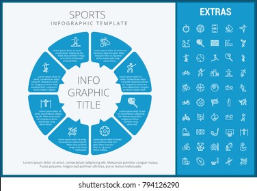 Sports infographic template, elements and icons. Infograph includes customizable circular diagram, line icon set with sport equipment, sports field, competitive games, champion pedestal, athlete etc.