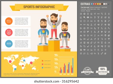 Sports infographic template and elements. The template includes illustrations of hipster men and huge awesome set of thin line icons. Modern minimalistic flat vector design.